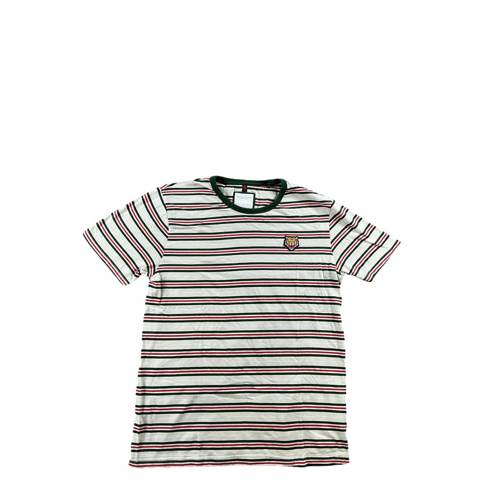 Denim & Flower Ricky Singh Mens Medium Striped Tiger Patch T-Shirt Green Red